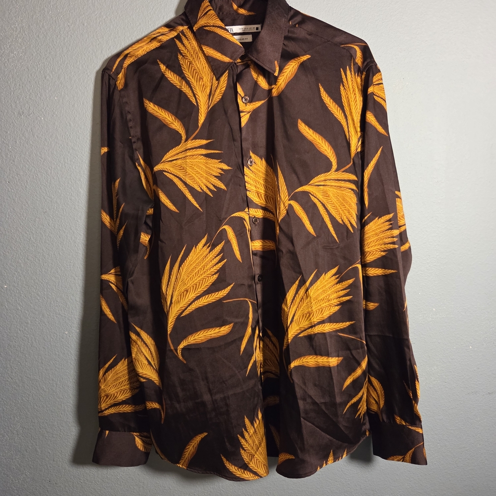 Zara Men's Shirt with Vibrant Yellow Leaf Design